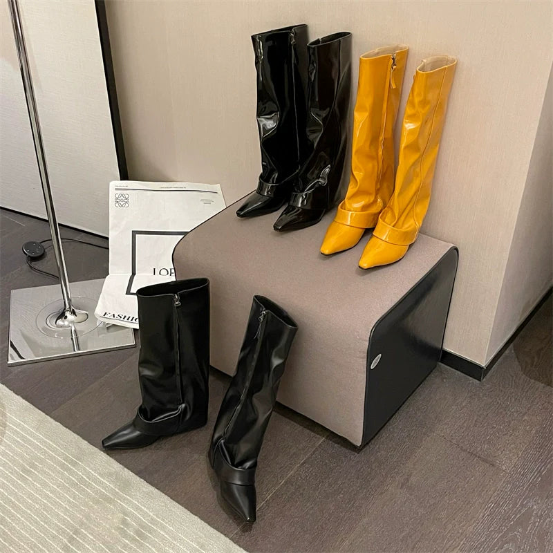 Wedge Trouser Boots High Heel Knee High Women European Spicy Girl Pointed Toe Black Patent Leather Trouser Boots