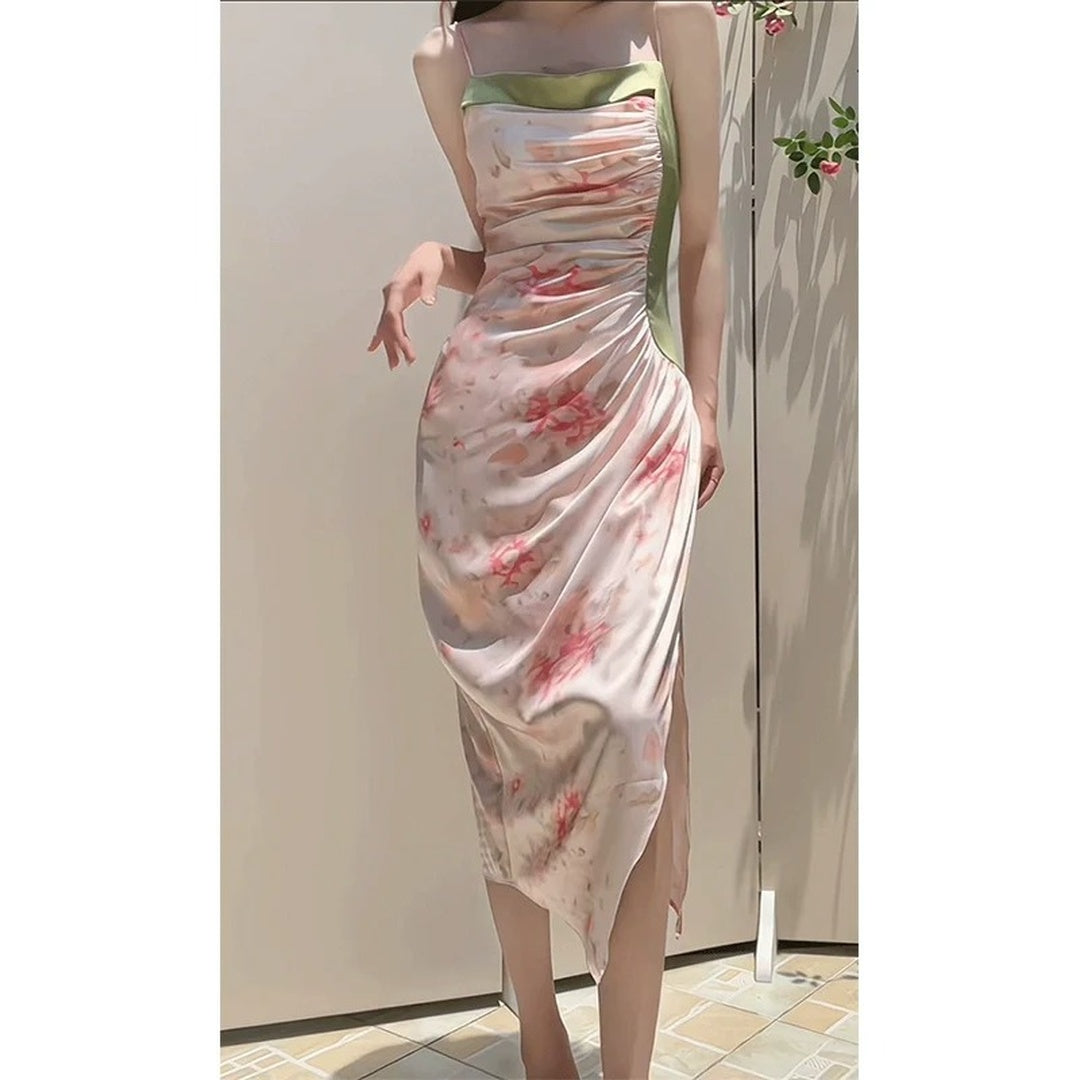 French Vintage Tea Party Green Floral Spaghetti Strap Gown – Summer Resort Dress