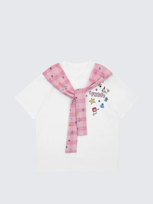 Plaid Scarf Layered Short Sleeve Tee