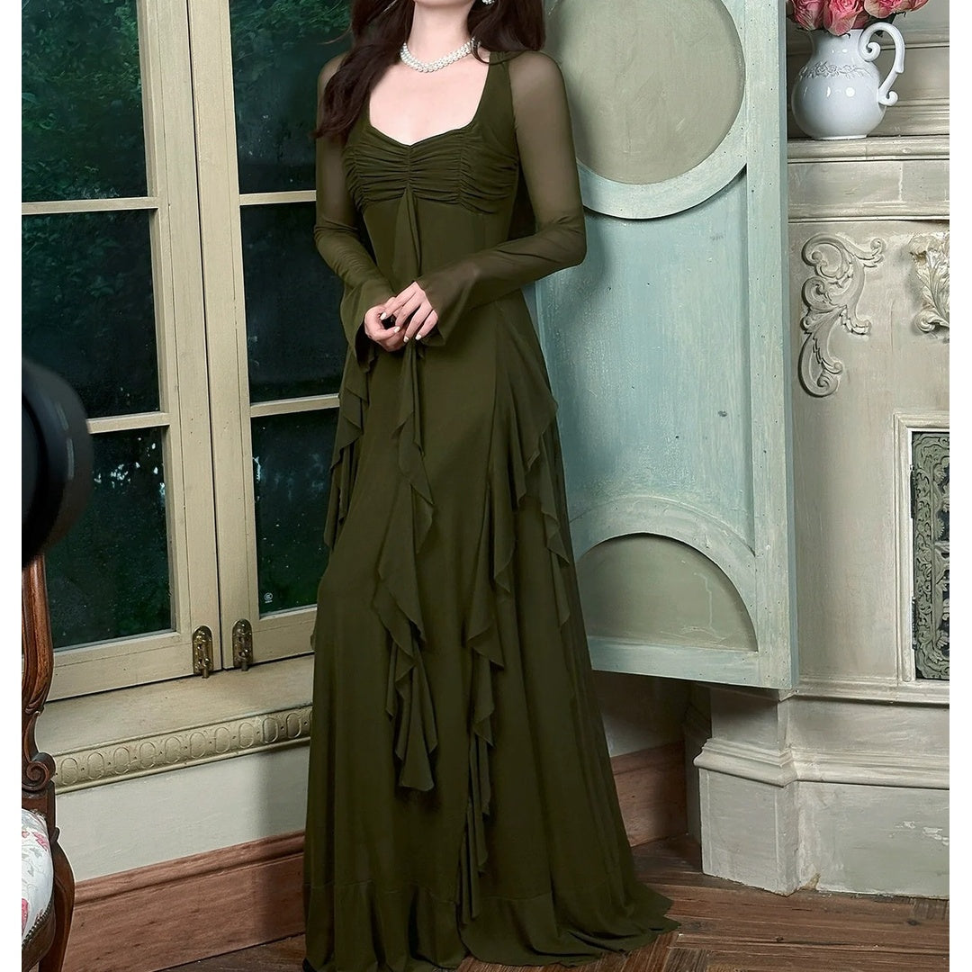 Green Long Sleeve Square Neck Gown Prom Dress