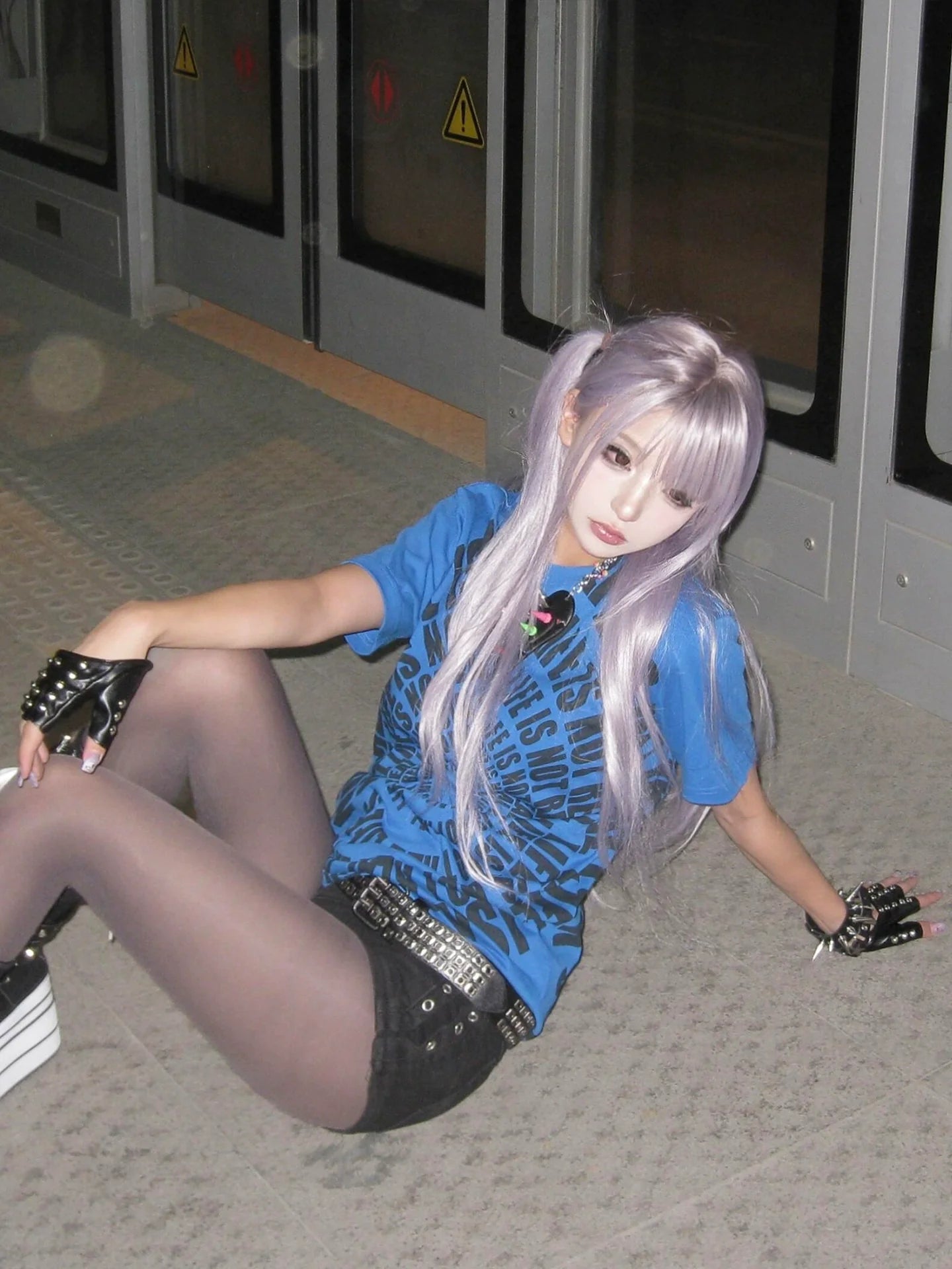 Y2K Subculture Blue Letter Print Fitted Tee Structured Shoulder Short Sleeve Top