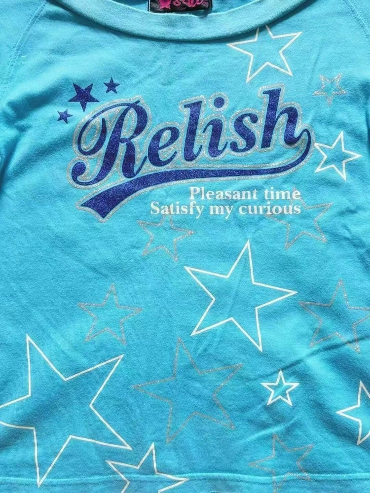 Blue Subculture Y2K E-girl Abi American Retro Star & Letter Print Short Sleeve Top