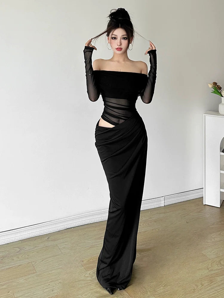 Mature Elegant Tulle-Paneled Off-The-Shoulder Cutout Waist Slimming Fall Maxi Dress