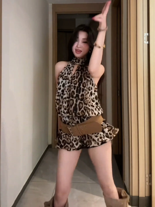 American E-girl Leopard Print Halter Open-Back Chiffon Dress