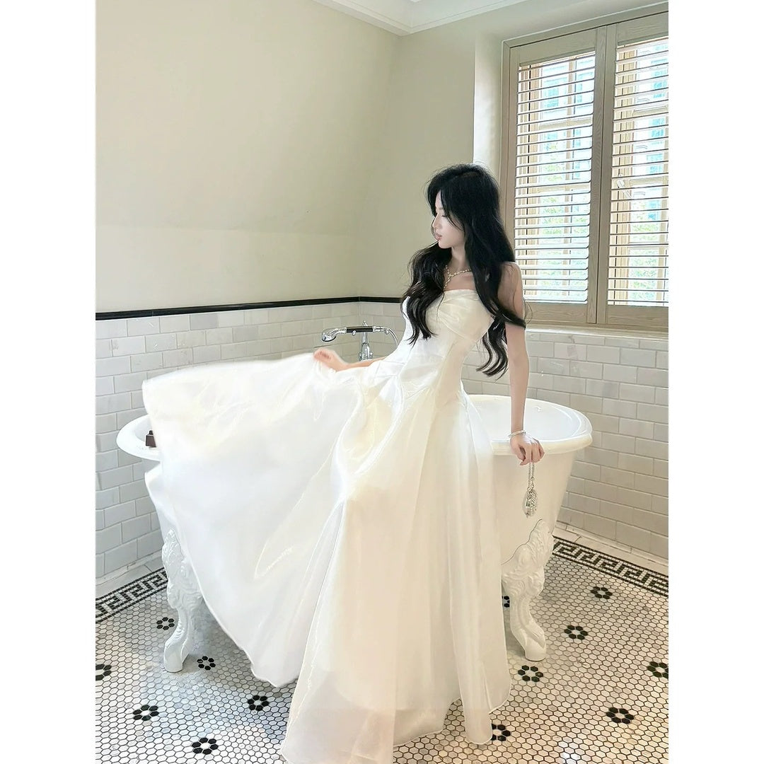 French White Satin Spaghetti Strap Gown Dress