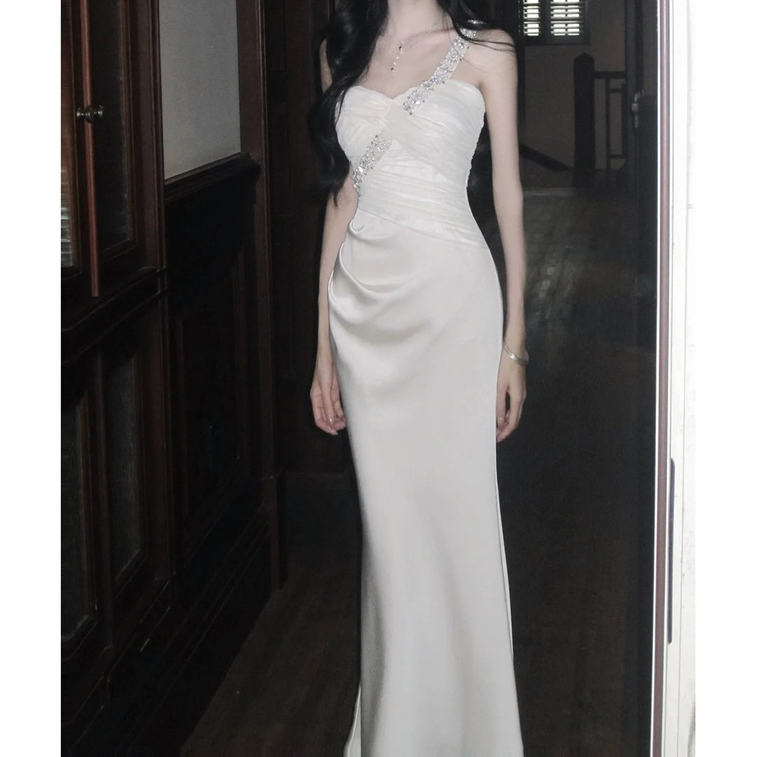 French Small Luxury Satin Asymmetrical Gown Dress – Mermaid Party Dress