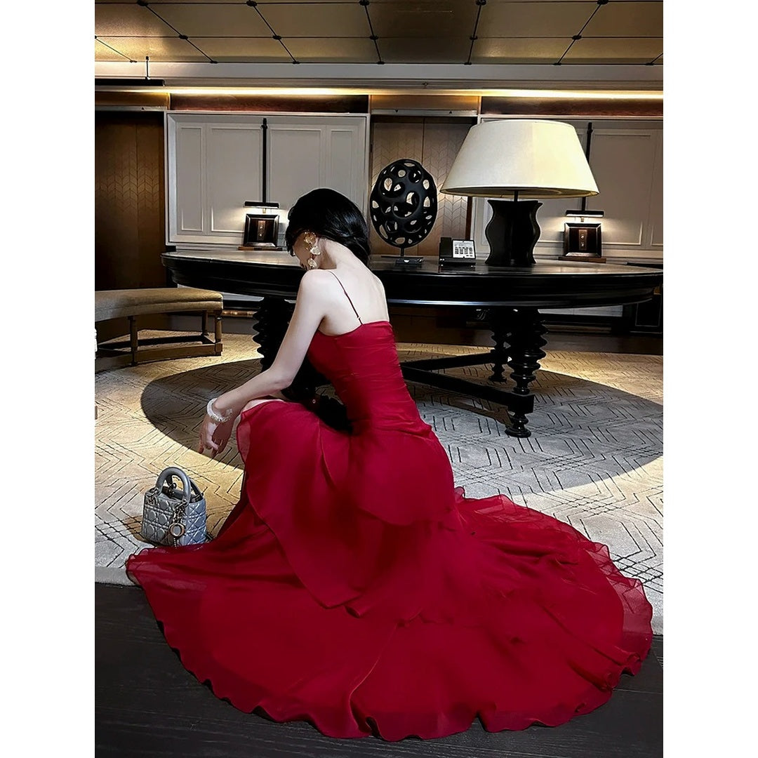 Red Ruffle Waist Gown Prom Dress