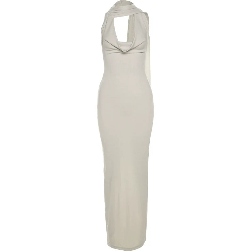 Sexy Halter Cowl-Neck Open-Back High-Slit Maxi Dress