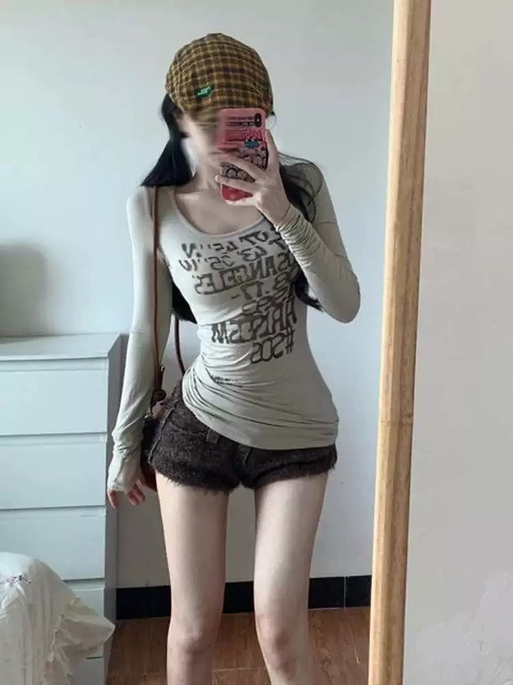 Light Khaki Graphic Print Square Neck Y2K T-Shirt