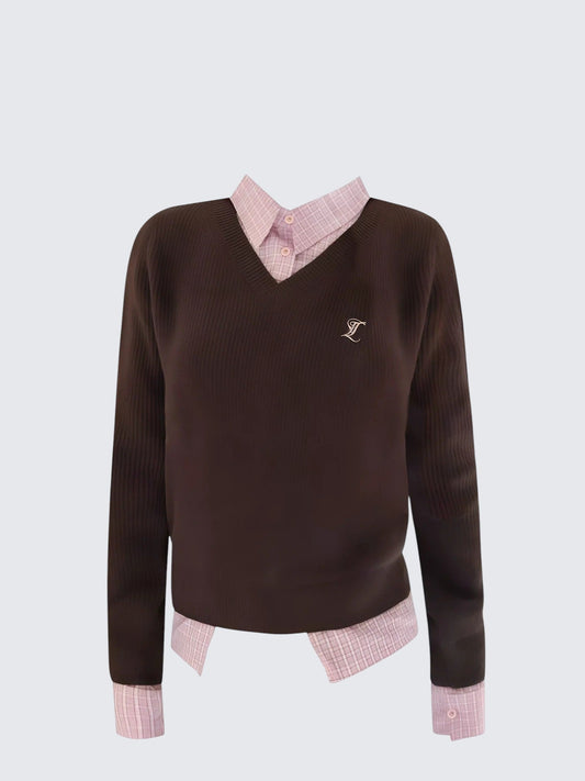 American Fake Two-Piece Brown Knit Sweater