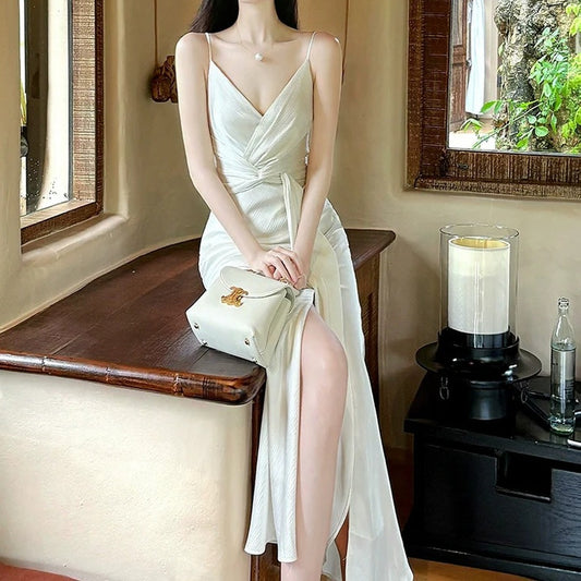 French White Satin Spaghetti Strap Mermaid Gown Dress