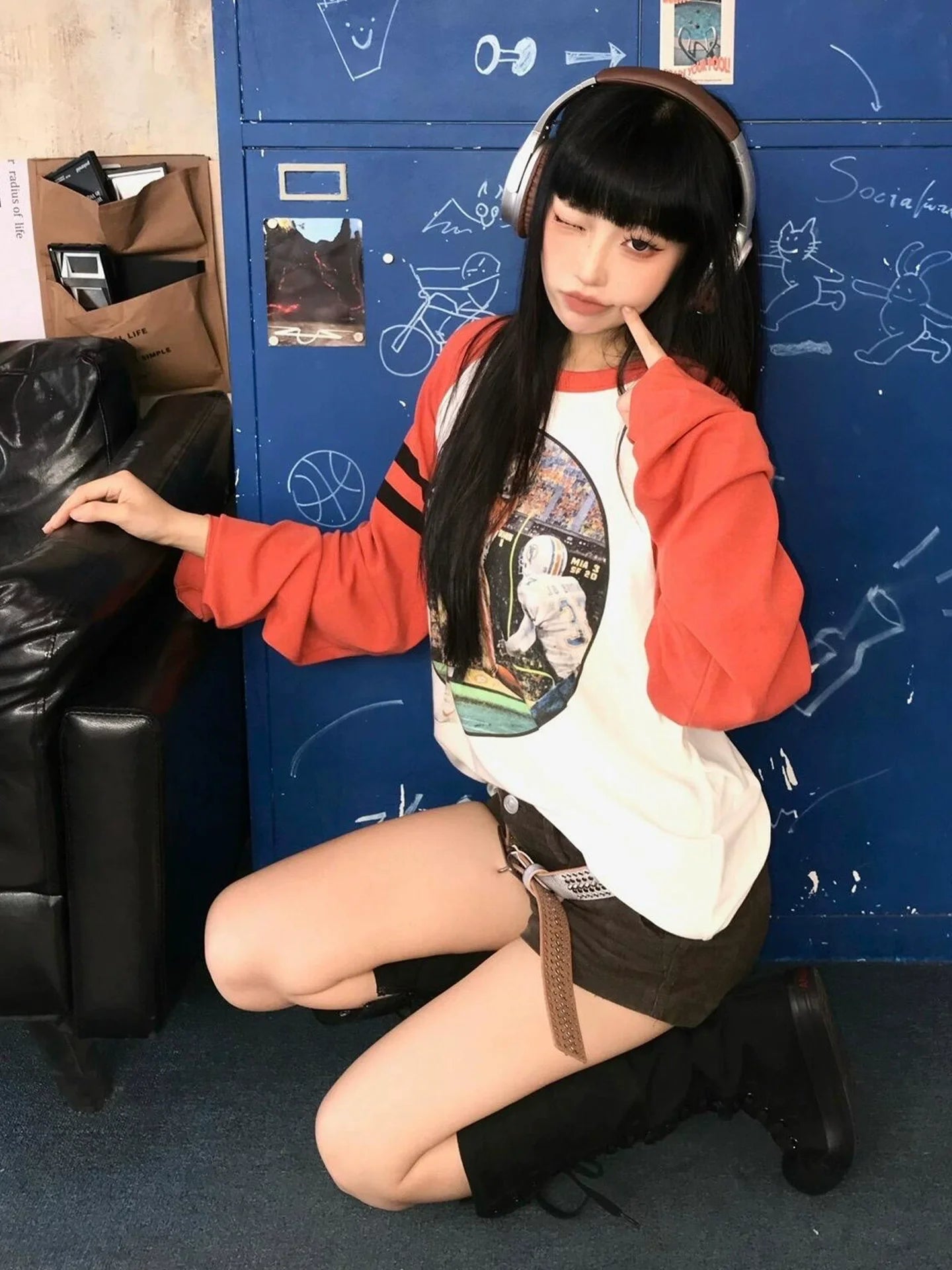 Retro White and Orange Color Block Raglan Long Sleeve Unique Design Top