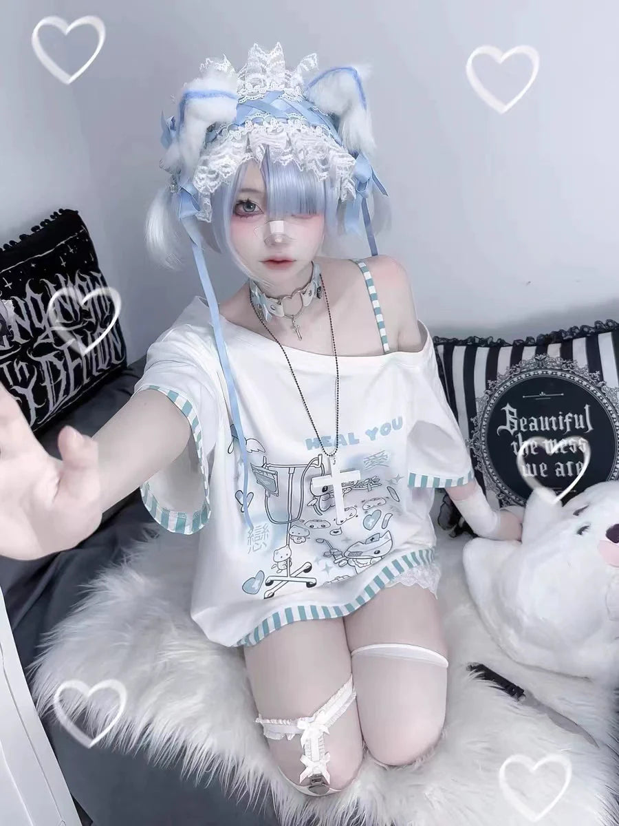 Light Blue (Mizuiro) Subculture Y2K E-girl Nurse Cat Striped Asymmetrical-neck Print Oversized Top