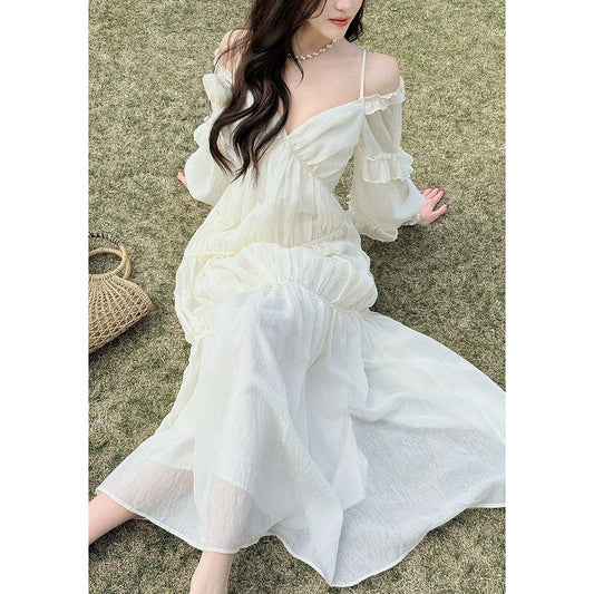French V Neck Spaghetti Strap Bubble Sleeve White Gown Dress