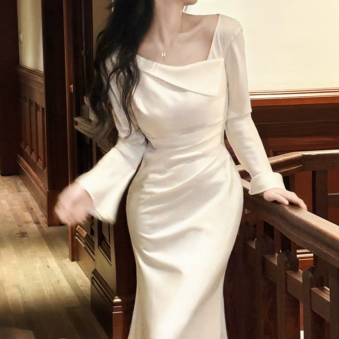 Satin Long Sleeve Bodycon Gown Prom Dress