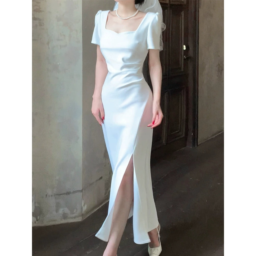 French Short Sleeve Square Neck Gown Dress