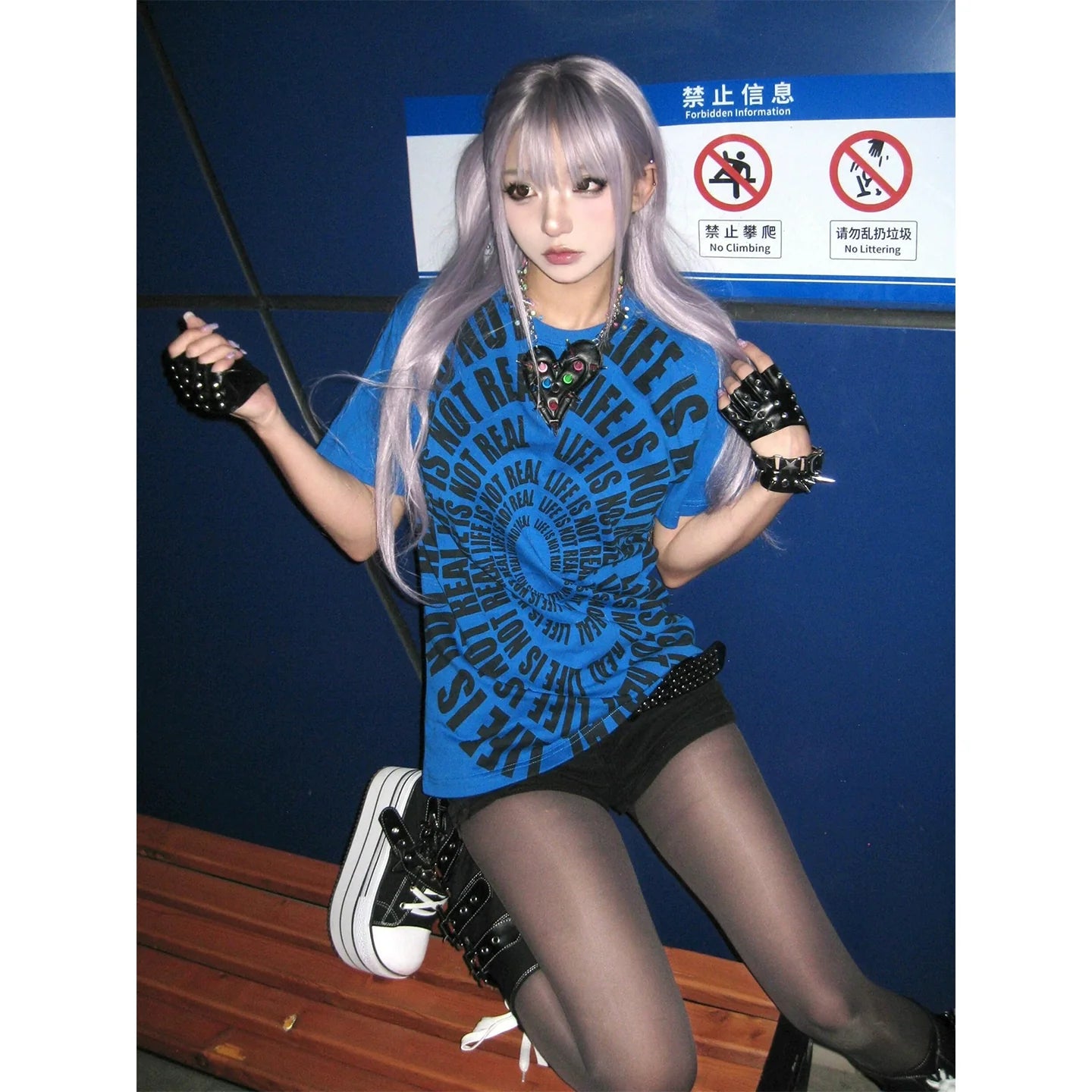 Y2K Subculture Blue Letter Print Fitted Tee Structured Shoulder Short Sleeve Top