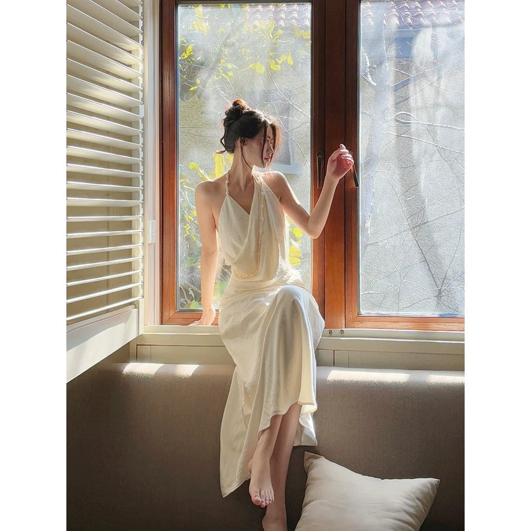 French Satin Halter Neck Pearl Waist Holiday Bodycon Gown Dress