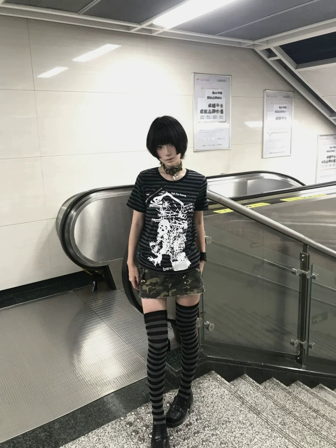 Black & Gray Striped Subculture Punk Y2K E-girl Abi American Retro Skull Short Sleeve Top