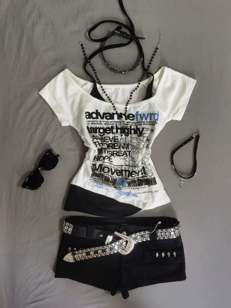 White Subculture Y2K E-girl Abi American Retro Letter Print Halter Fake Two-Piece Short Sleeve Top