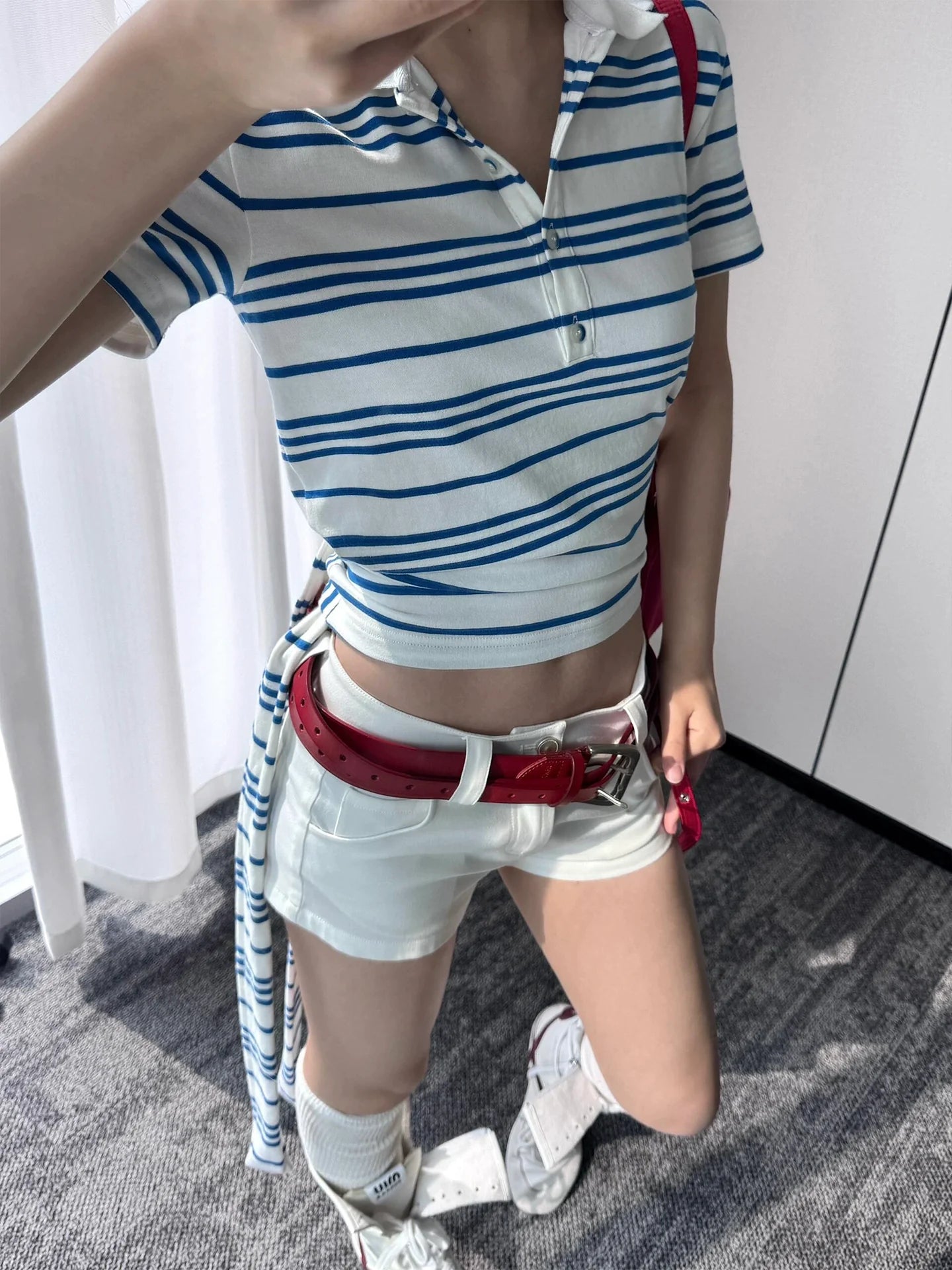 Preppy Blue Striped Short Sleeve Polo Top Summer Y2K Shirt