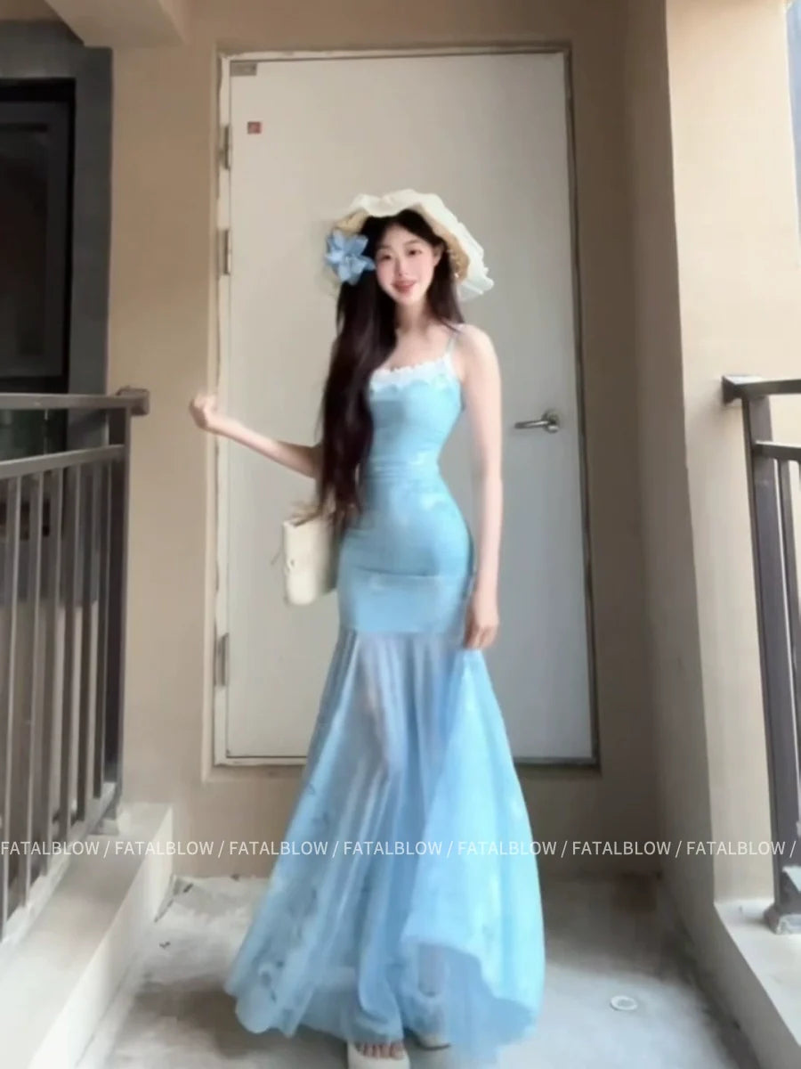 Blue Lace Tulle Camisole Unique Mermaid Bodycon Maxi Dress