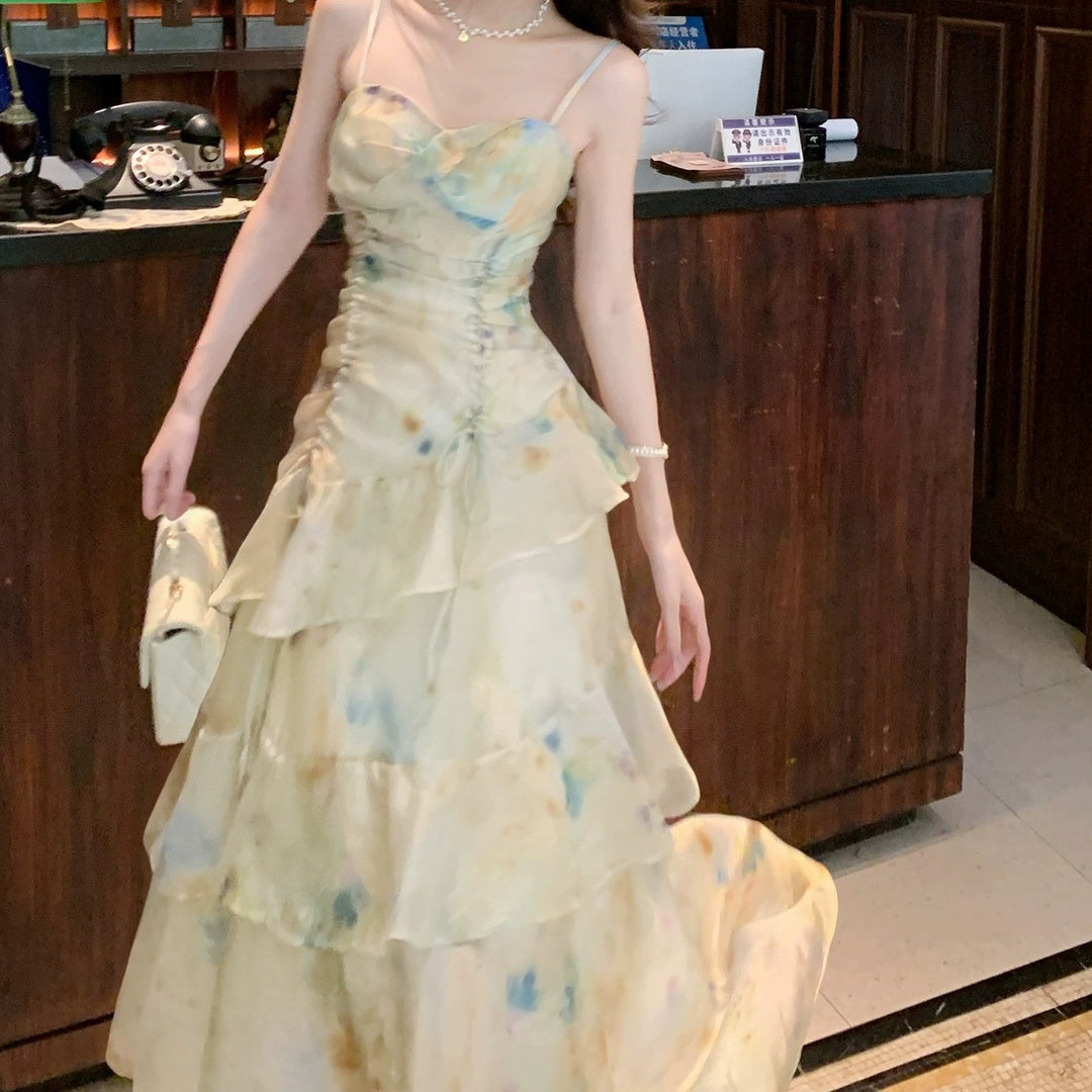 French Ombre Green Ruffle Halter Gown Dress