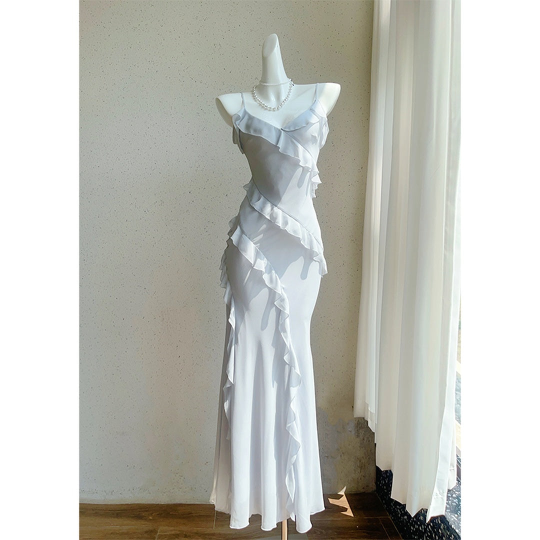 French Blue Ruffle Halter Mermaid Gown Dress