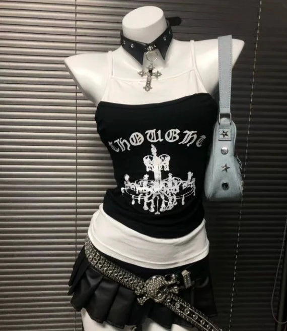 Black & White Color-Block Tank Top Subculture Y2K E-girl Abi American Letter Print Tank Top