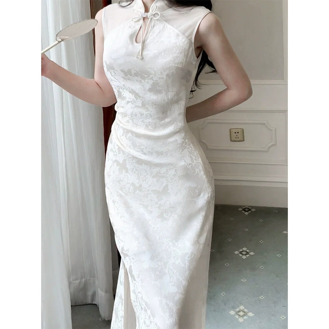 Chinese Satin Jacquard Modified Cheongsam Gown Dress