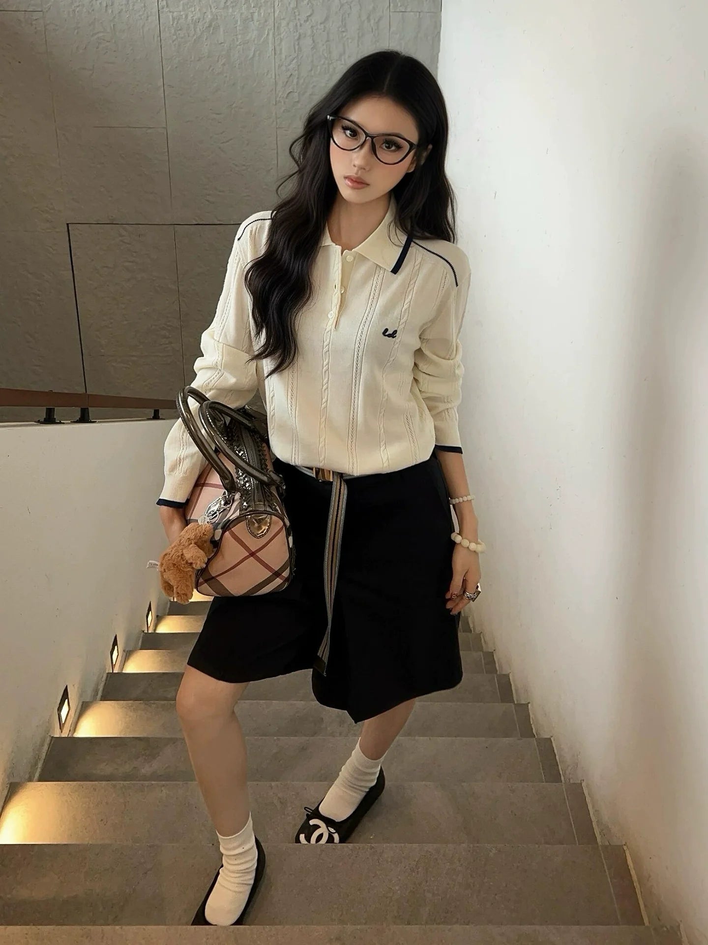 Classic Polo Cable Knit Sweater Loose Fit Top