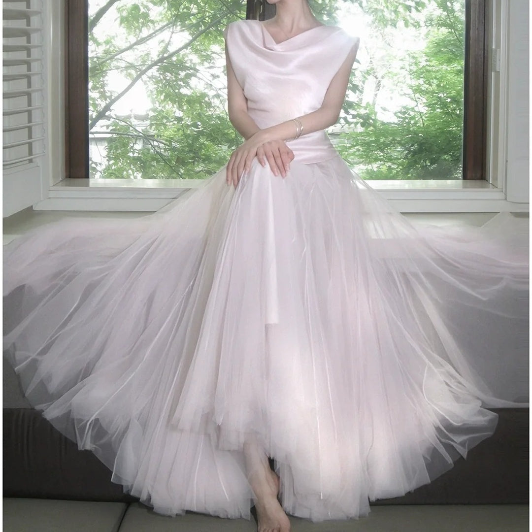 French Pink Satin Top Tulle Half Skirt Gown Set