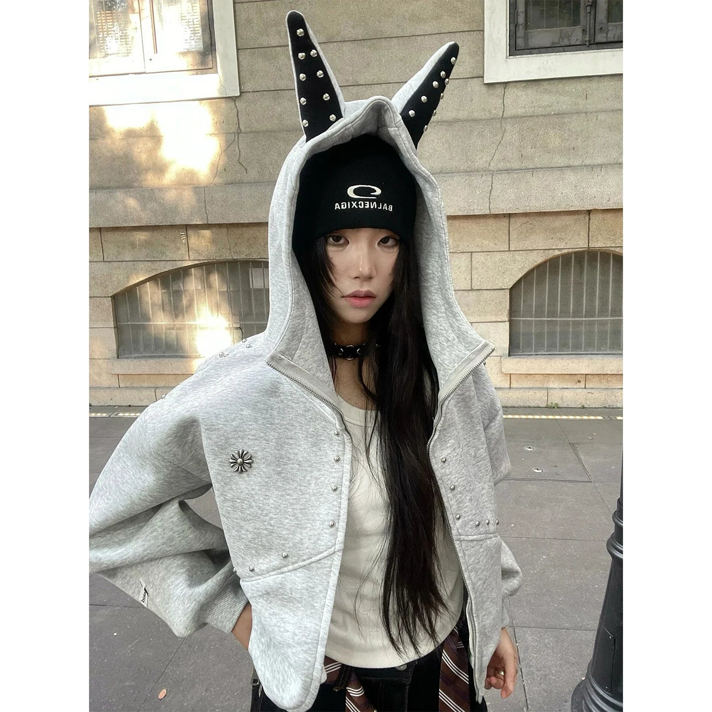 Retro Doberman Studded Zip Up Hoodie Loose Fit Streetwear Top