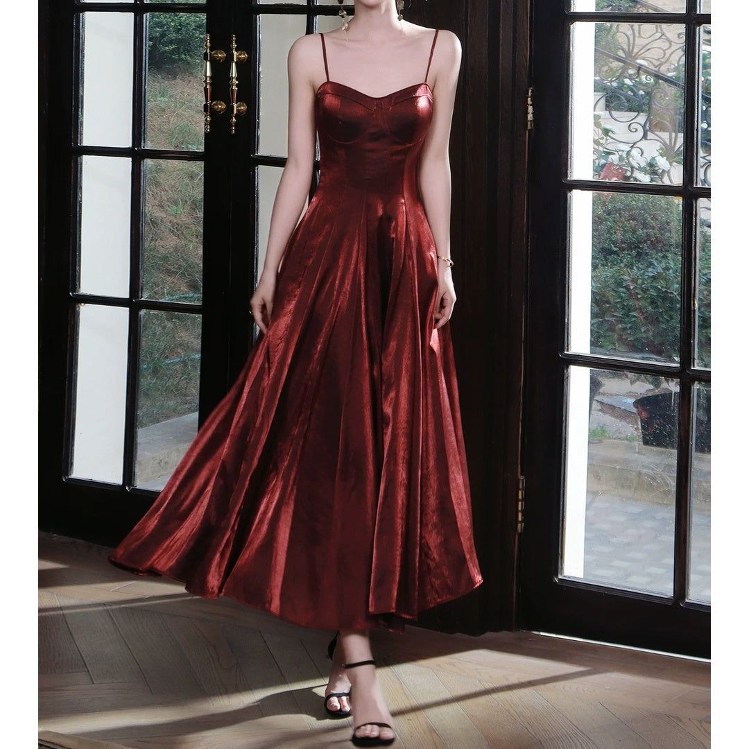French Red Spaghetti Strap Luxury Gown Dress