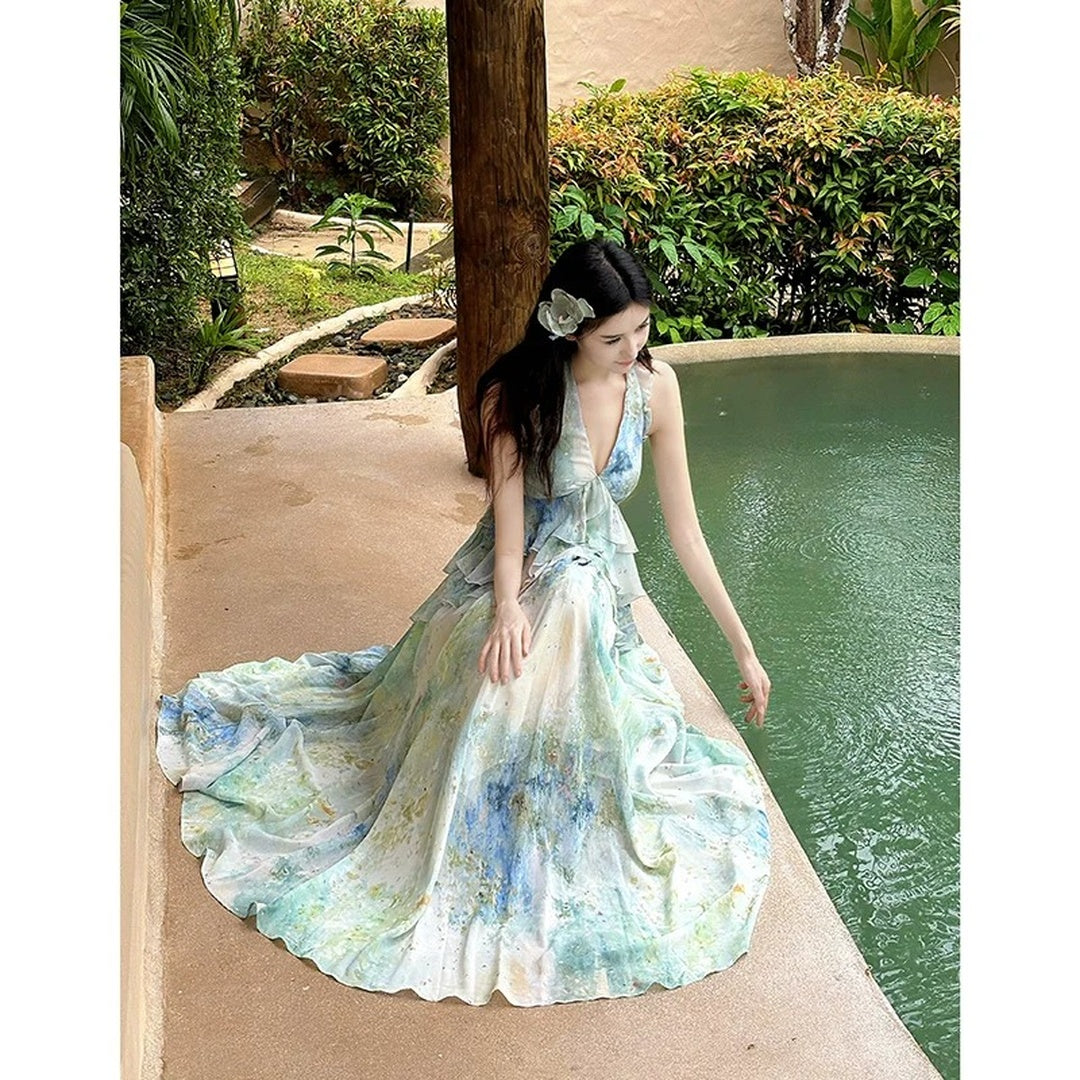 Green Printed Halter Neck Resort Fairy Gown Dress