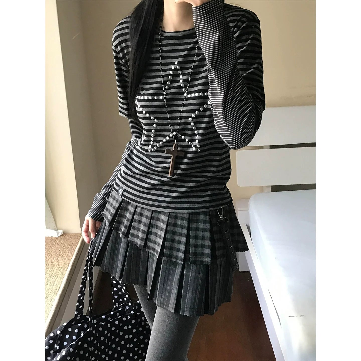 Y2K Star Rhinestone Stripe Long Sleeve Top for Autumn