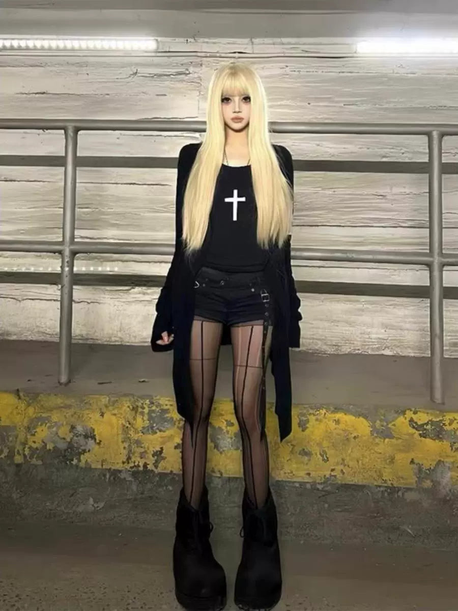 Cross Print Knit Cardigan Subculture Gothic Rock Punk Y2K E-girl Abi Mid-Length Jacket