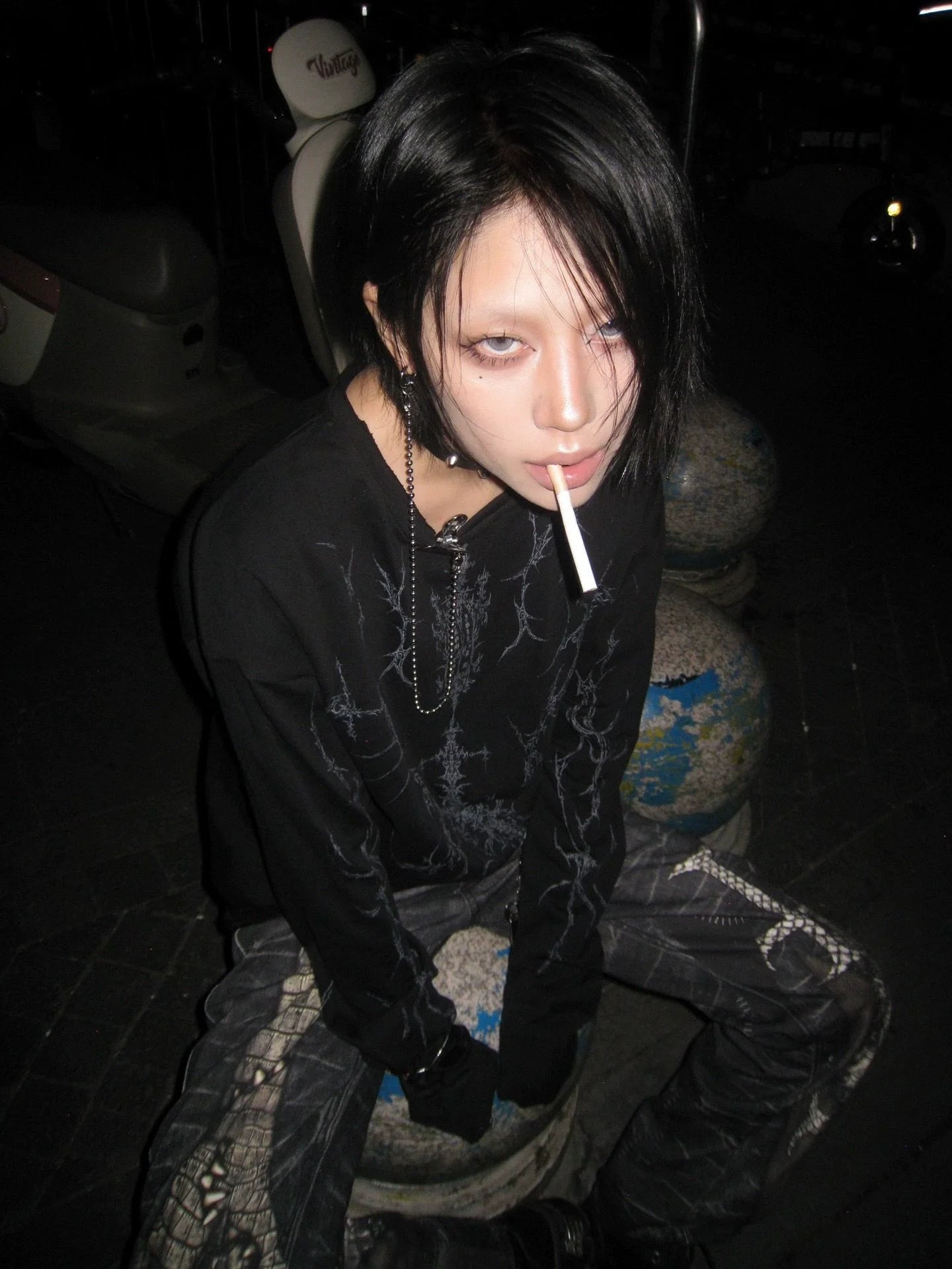 Y2K Black Curved Knife Long Sleeve Punk Tee