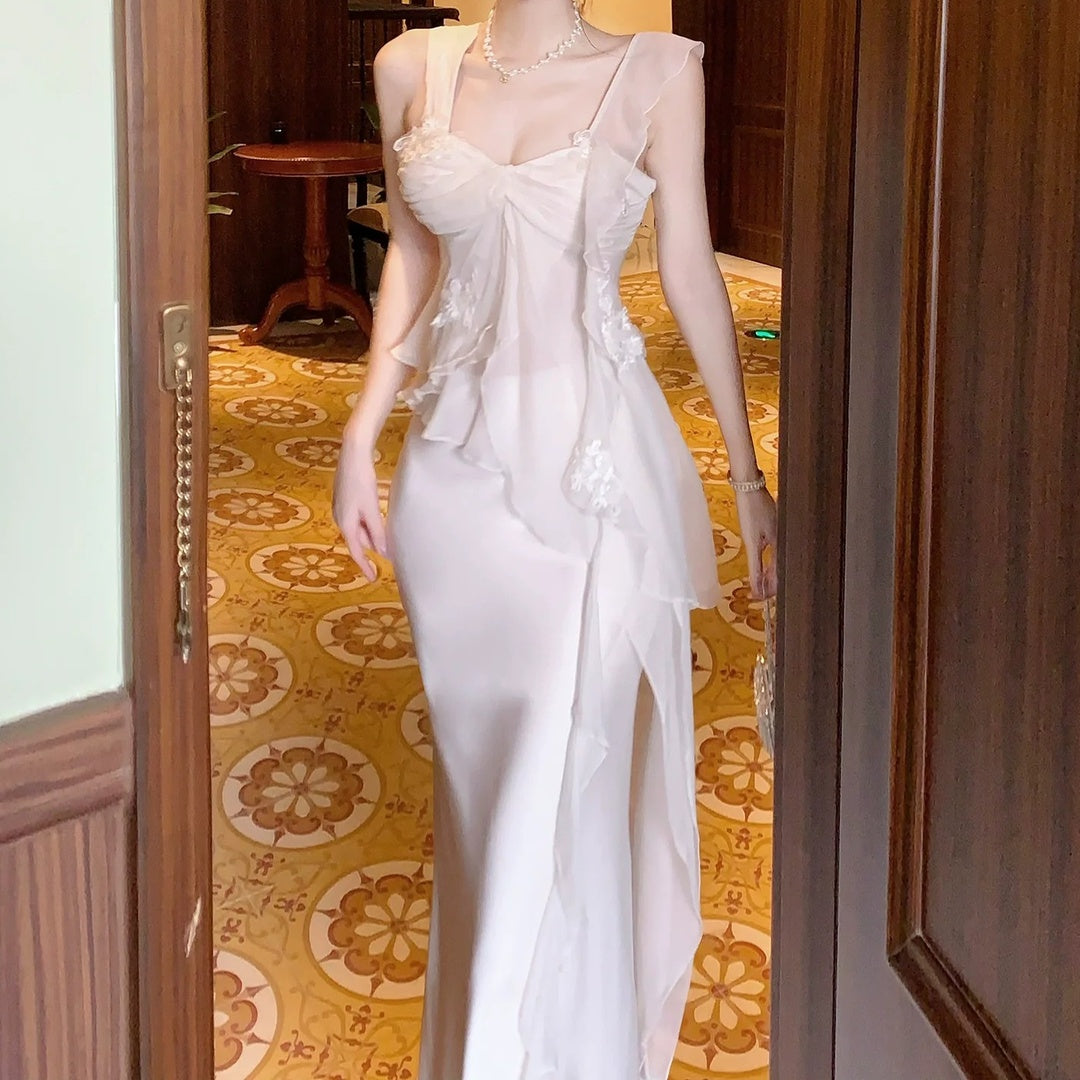 French Lace Floral Asymmetrical Top and Satin Mermaid Skirt Set