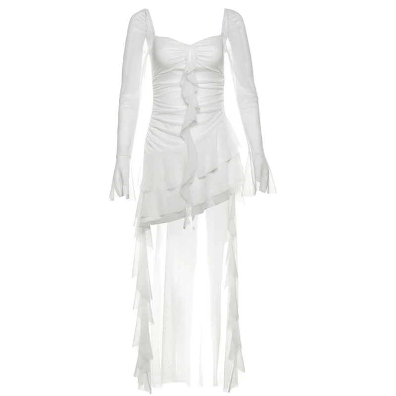 Sweet & Edgy Retro Flowing Square-Neck Tulle Ruched Cinched Waist Asymmetrical Dress