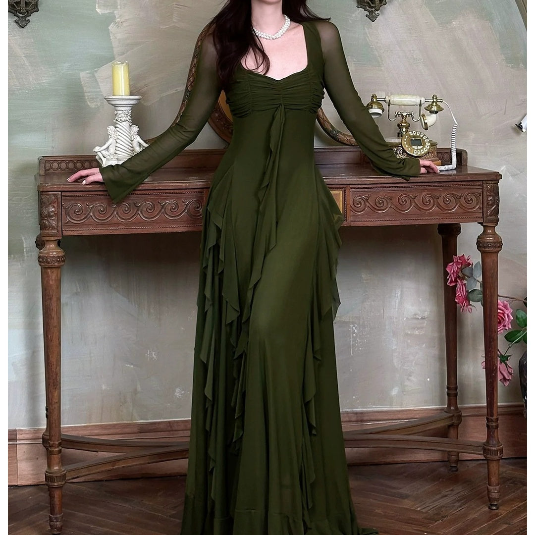 Green Long Sleeve Square Neck Gown Prom Dress
