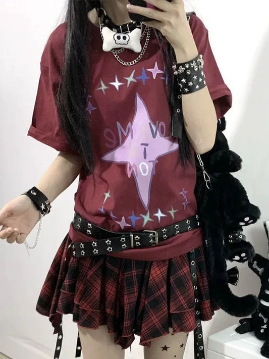 Burgundy Fleur-de-lis Top and Plaid Skirt Y2K Two Pieces Sets