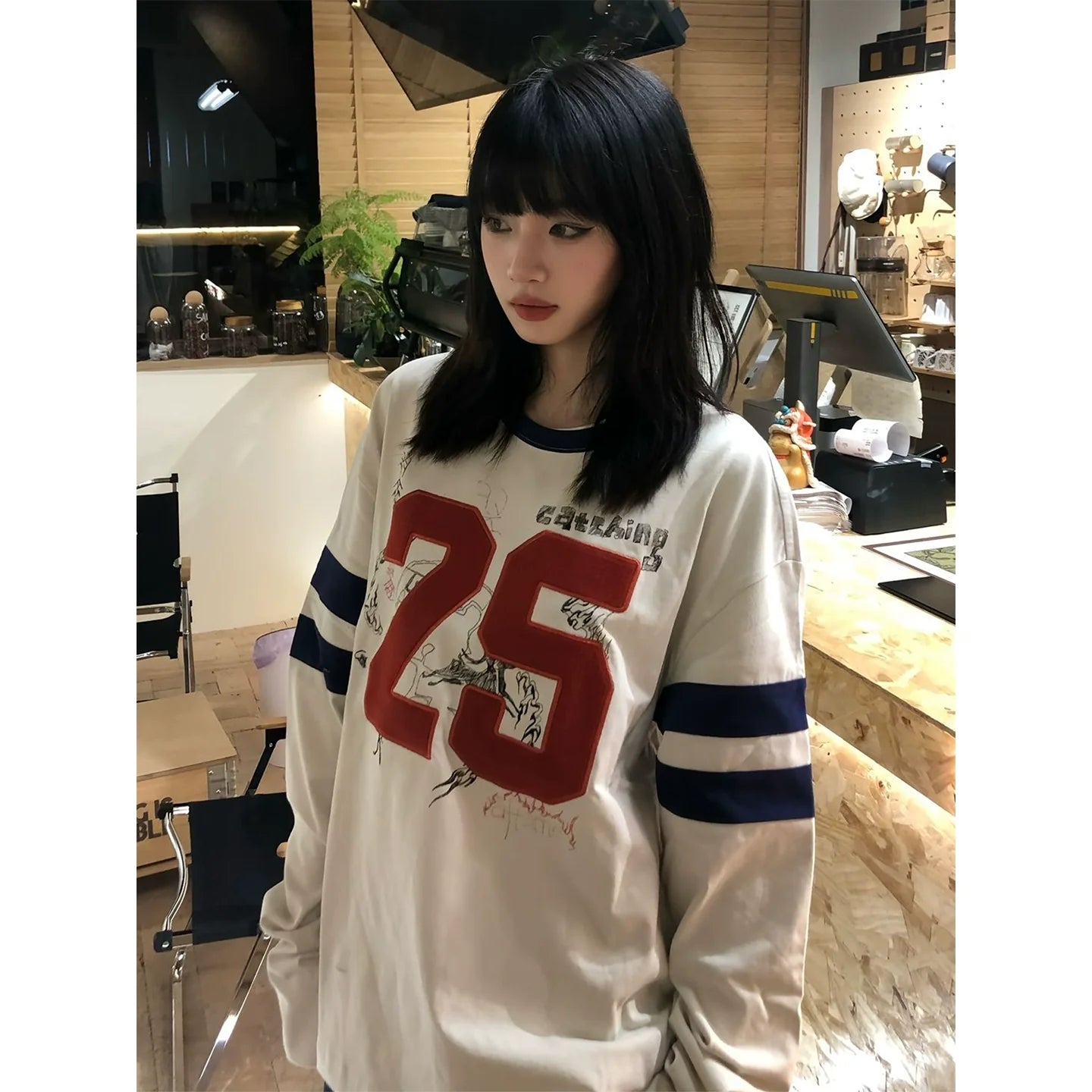 Retro Colorblock Graffiti Embroidered Long Sleeve Top