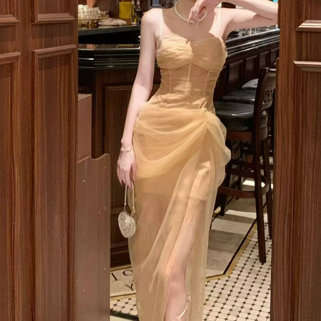 French Lace Bone Spaghetti Waist Gown Dress