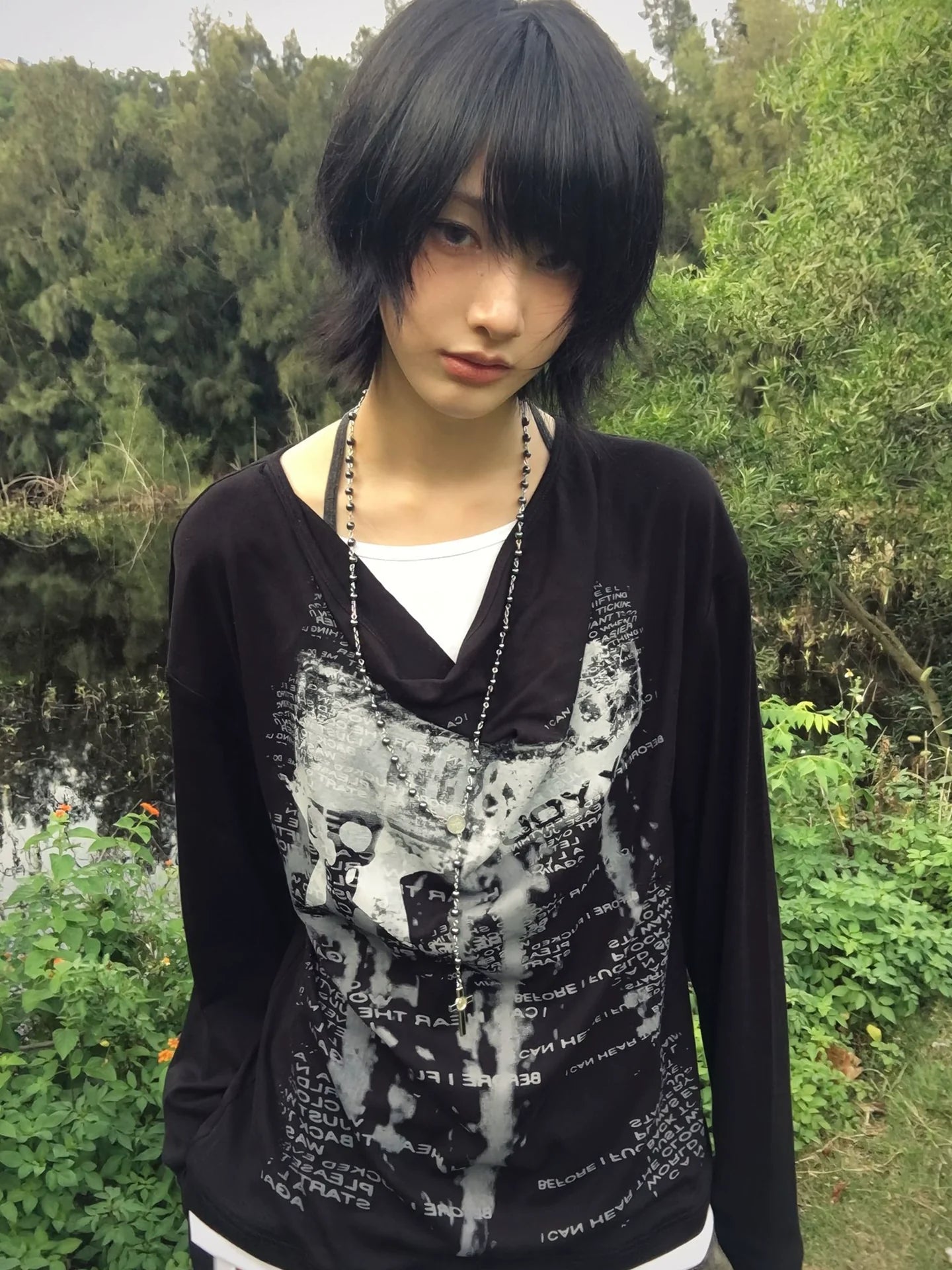 Layered Drape Neck Long Sleeve T Shirt Y2K Visual Kei Punk Top