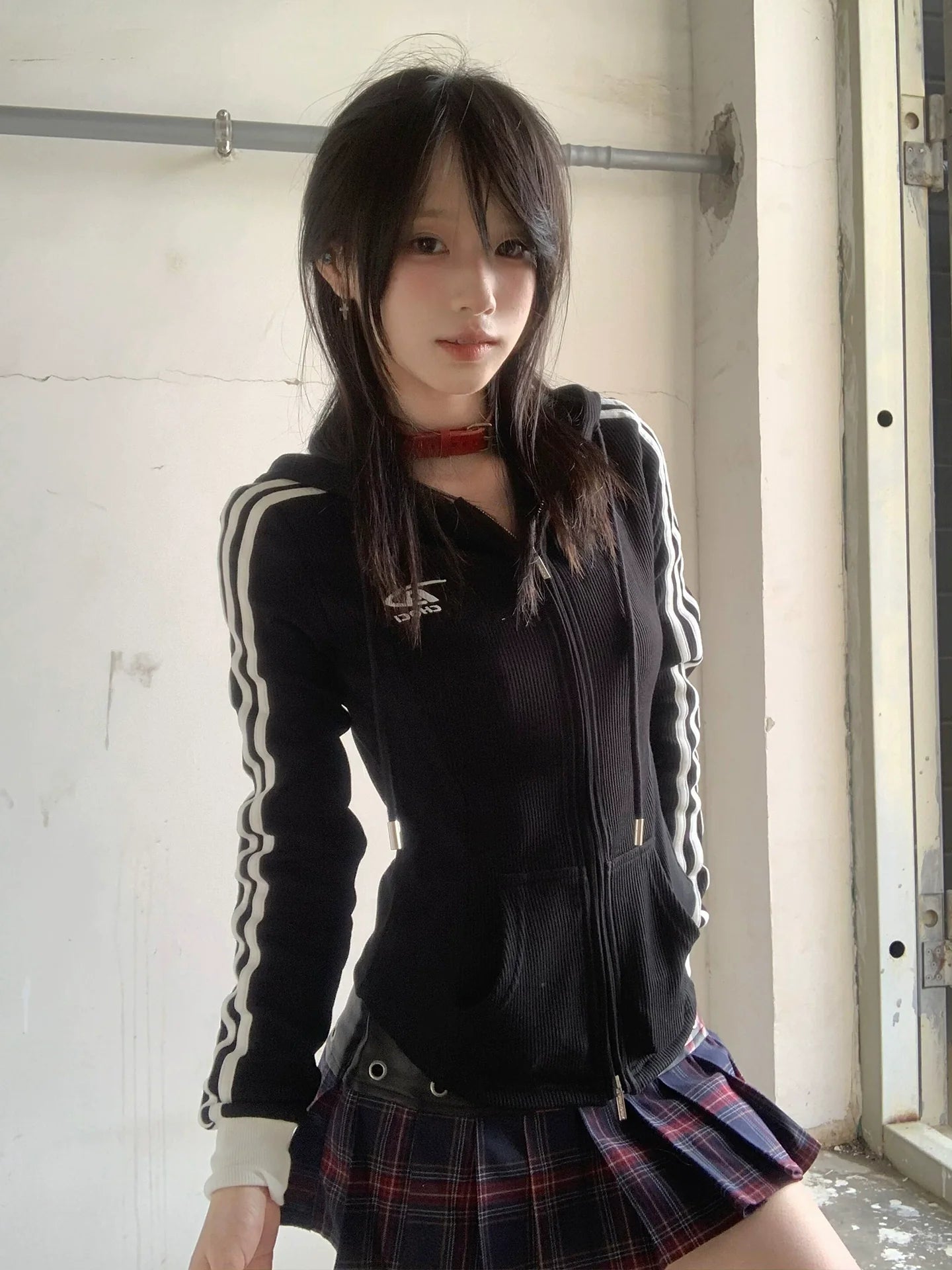 American Retro Black Zip Hoodie Slim Fit Hot Girl Outerwear