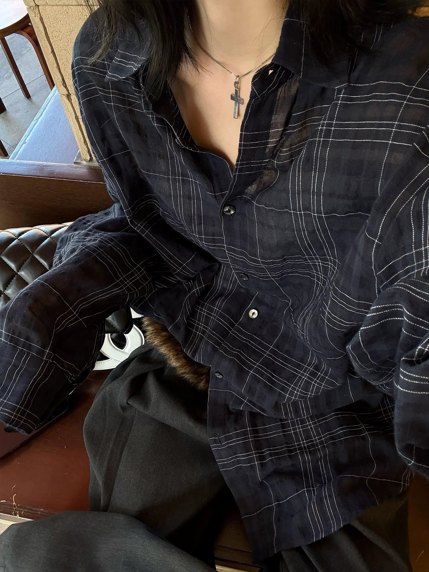 Asymmetric Plaid Long Sleeve Shirt Sheer Vacation Loose Fit Top