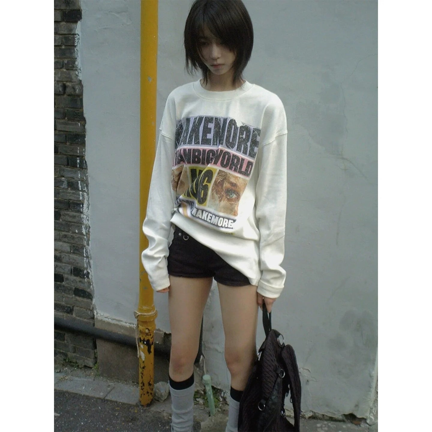American Street White Long Sleeve Tee Autumn Colorblock Letter Print Loose Fit Base Top