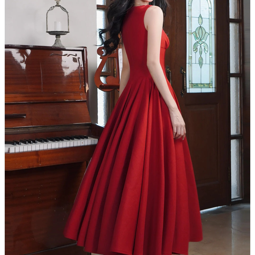 French V-Neck Red Sleeveless Ball Gown Dress