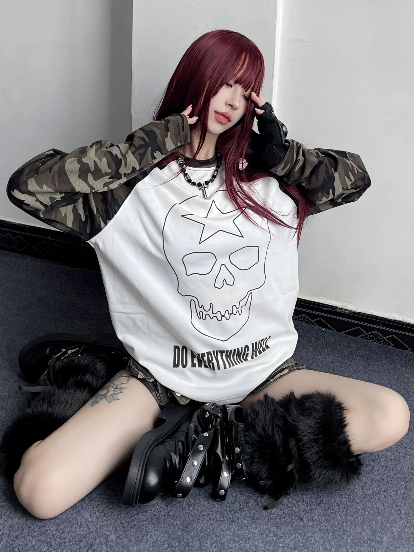Visual Kei Camo Skull Long Sleeve Tee Autumn Raglan Sleeve Loose Base Top